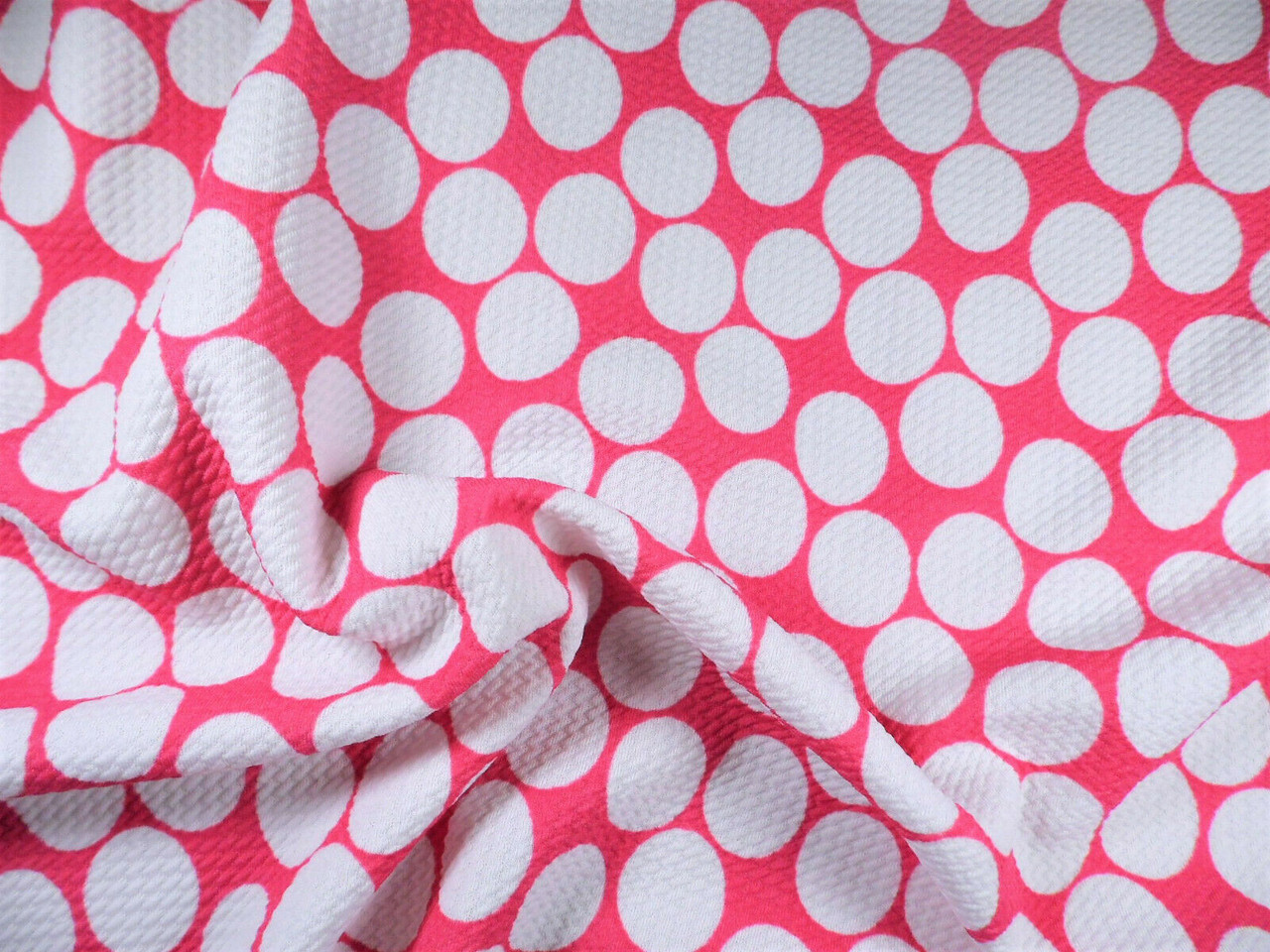 Bullet Printed Liverpool Textured Fabric Stretch Pink Big White Polka Dot N40