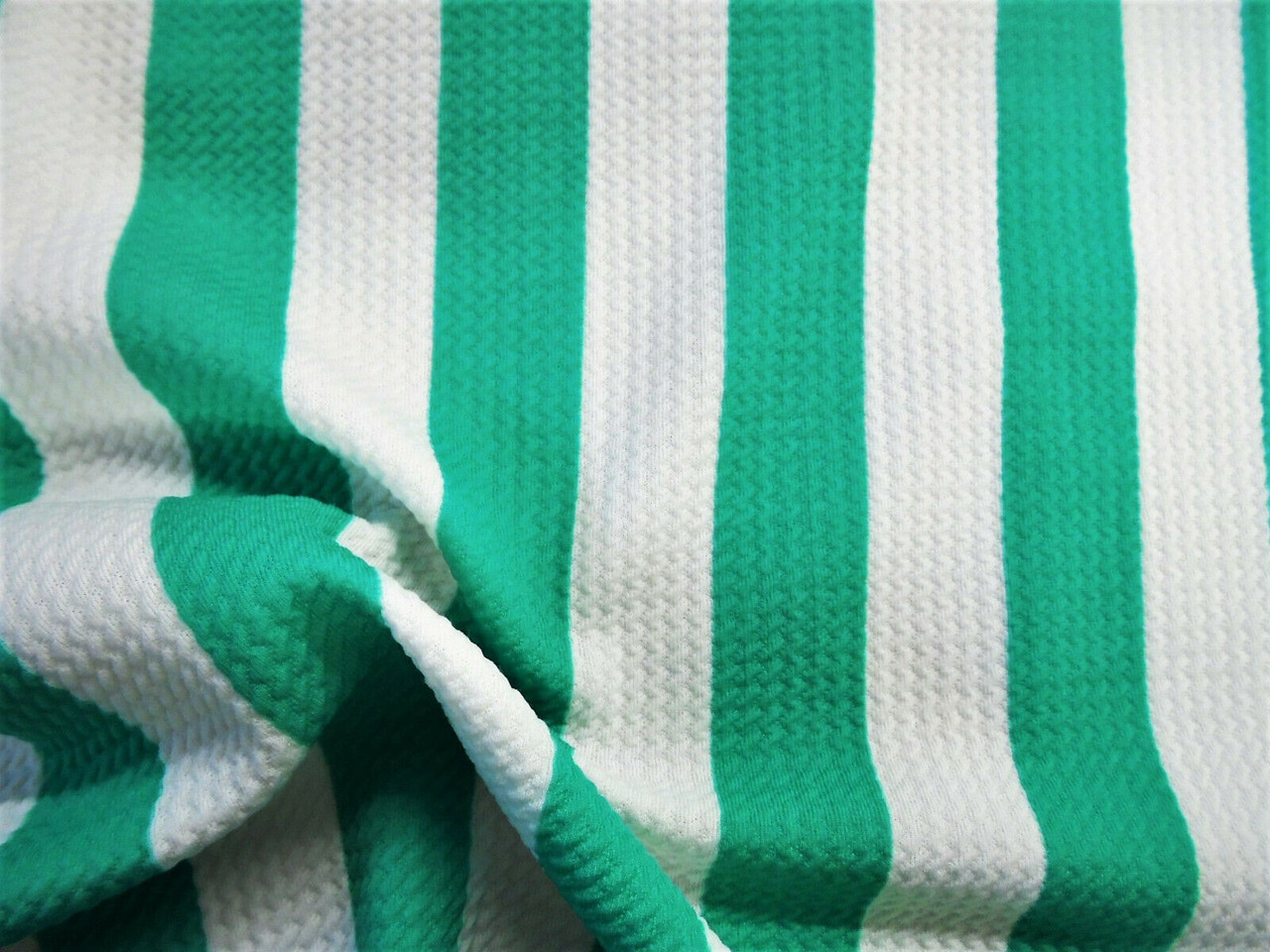 Bullet Printed Liverpool Textured Fabric Stretch Mint Green White 1 inch Stripe P12
