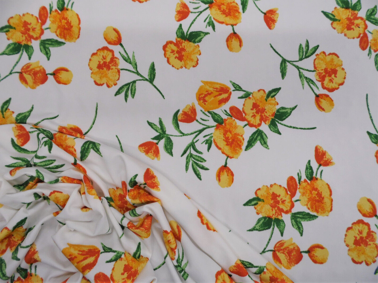 Printed DTY Spandex Stretch Apparel Fabric Mango Orange Green White Floral A407