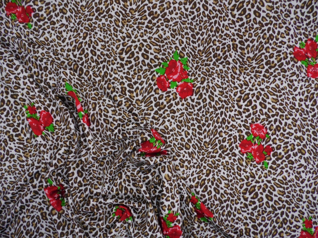 Printed DTY Spandex Stretch Apparel Fabric Brown Cheetah Red Rose Floral B308