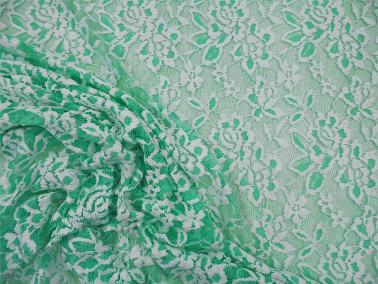 Embroidered Stretch Lace Apparel Fabric Sheer Mint Green White Floral AA421