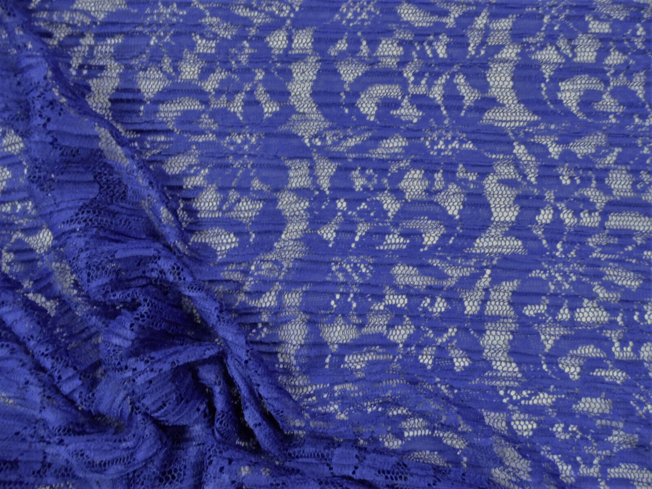 Pleated Stretch Lace Apparel Fabric Sheer Floral Royal Blue TT304