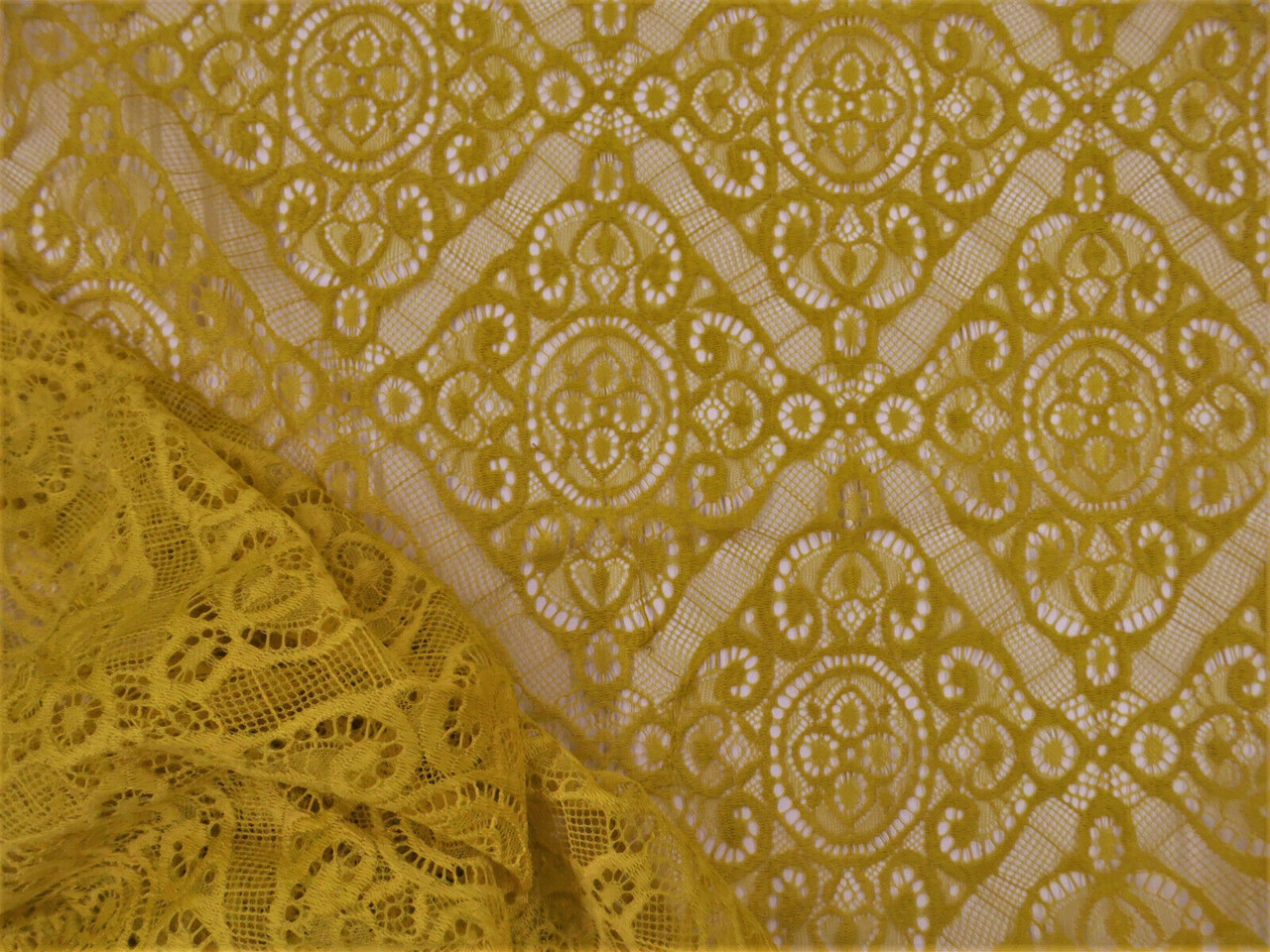 Stable Lace Apparel Fabric Sheer Diamond Geometric Old Gold RR117