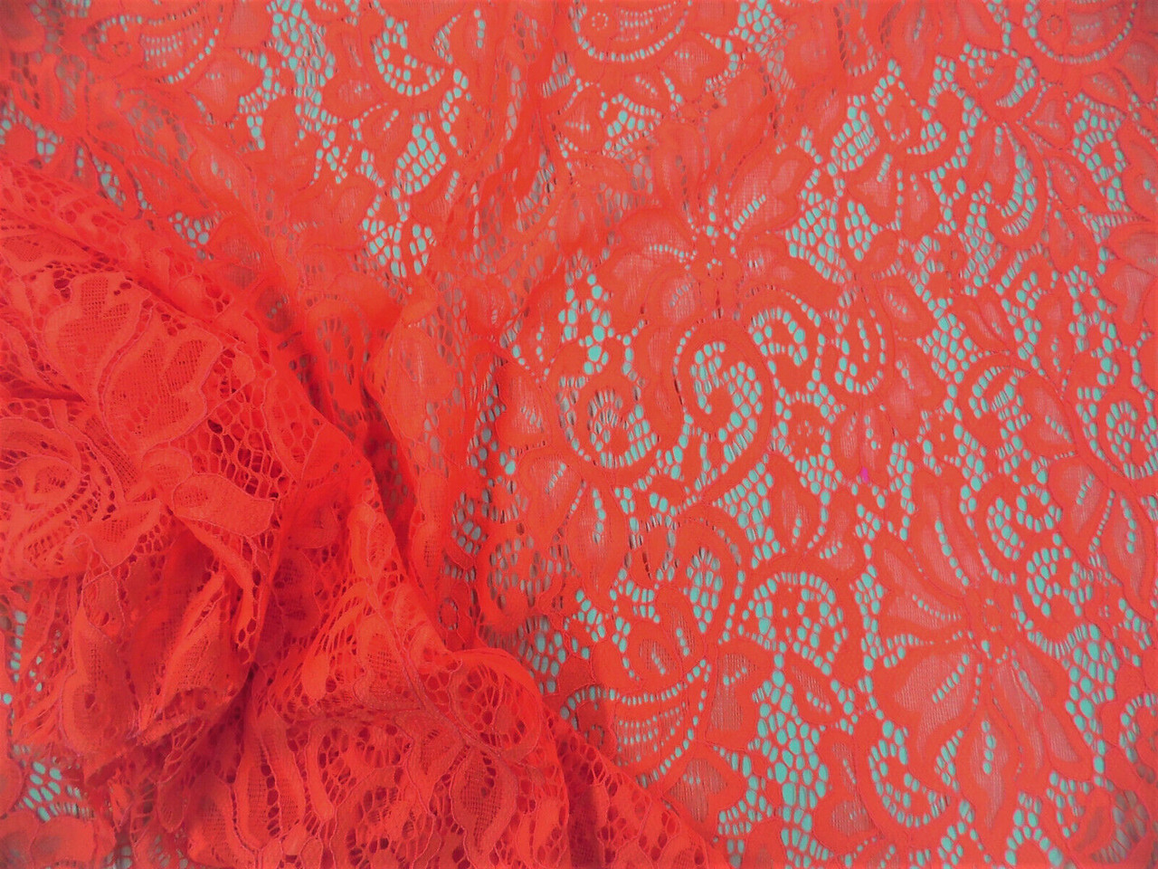 Stretch Lace Apparel Fabric Sheer Paisley Floral Neon Orange Coral TT202