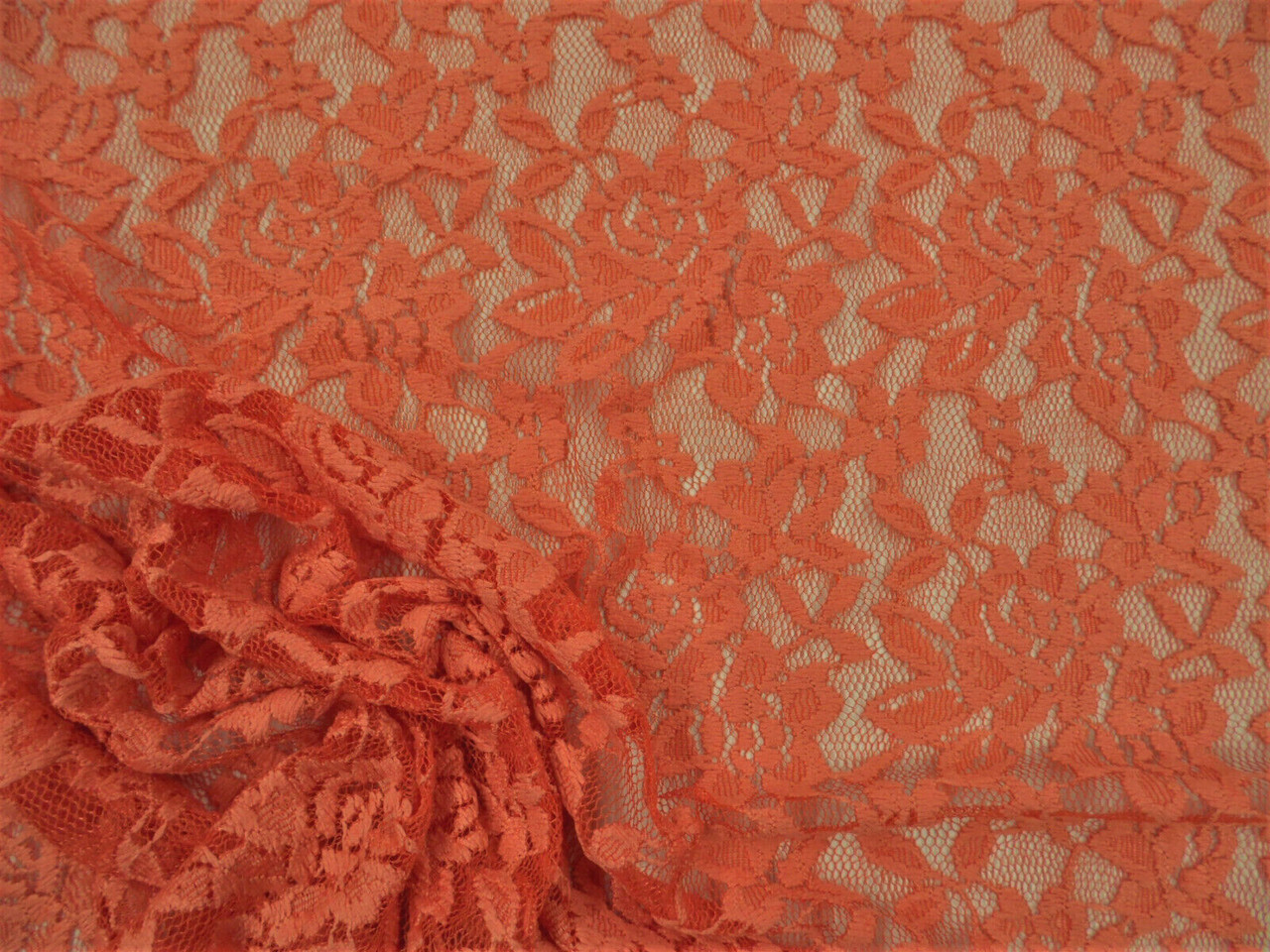 Embroidered Stretch Lace Apparel Fabric Sheer Floral Orange BB314
