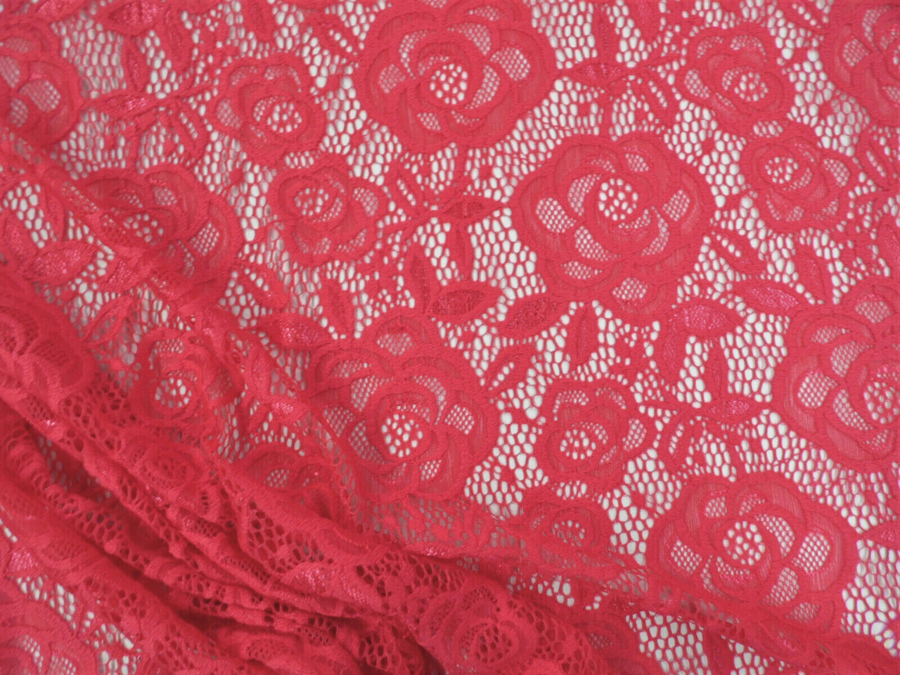 Embroidered Stretch Lace Apparel Fabric Sheer Metallic Rose Floral Red QQ24
