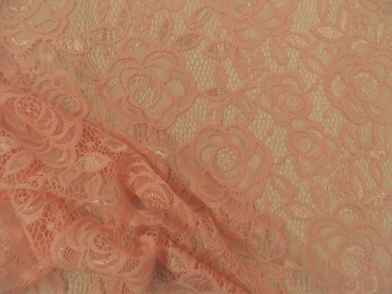 Embroidered Stretch Lace Apparel Fabric Sheer Rose Floral Peachy Pink QQ21