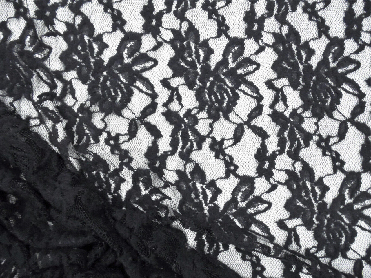 Embroidered Stretch Lace Apparel Fabric Sheer Black Flocked Floral FF301