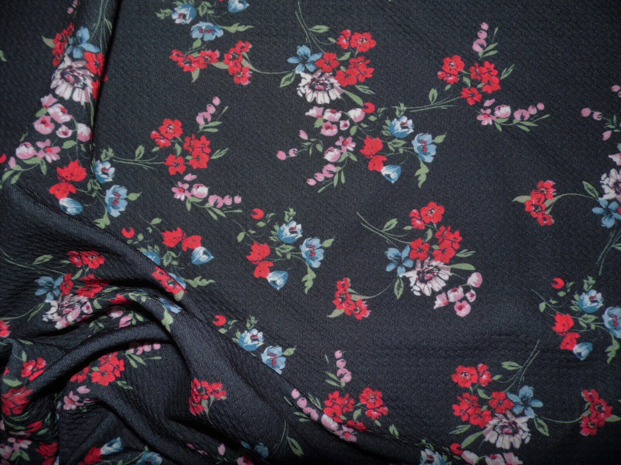 Bullet Printed Liverpool Textured Fabric Stretch Black Red Blue Green Floral O36