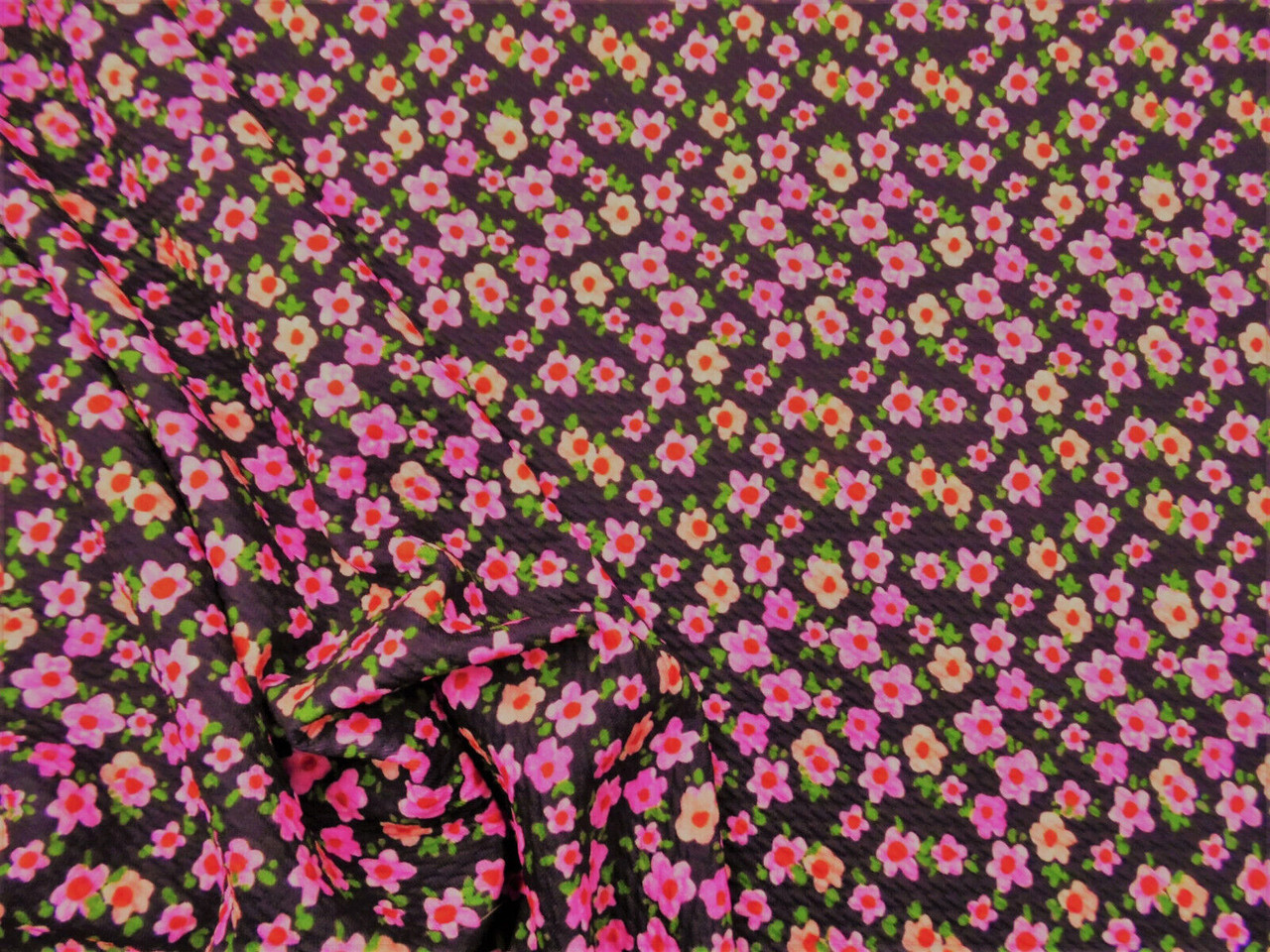 Bullet Printed Liverpool Textured Fabric Stretch Black Pink Red Green Floral V41