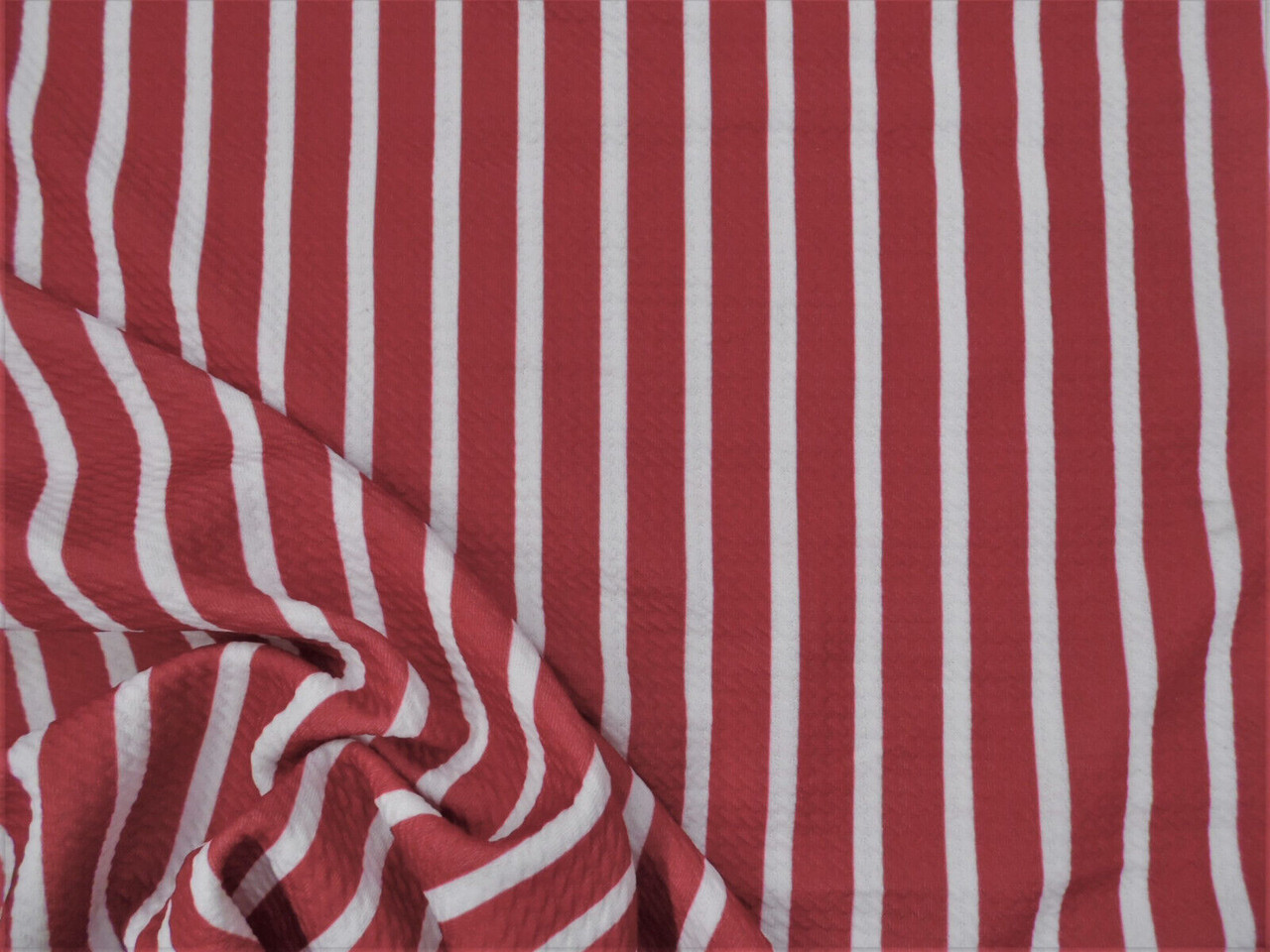 Bullet Printed Liverpool Textured Fabric 4 way Stretch Red White Stripe W43