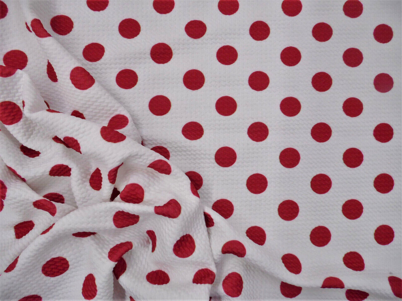 Bullet Printed Liverpool Textured Fabric 4 way Stretch White Red Polka Dot V36