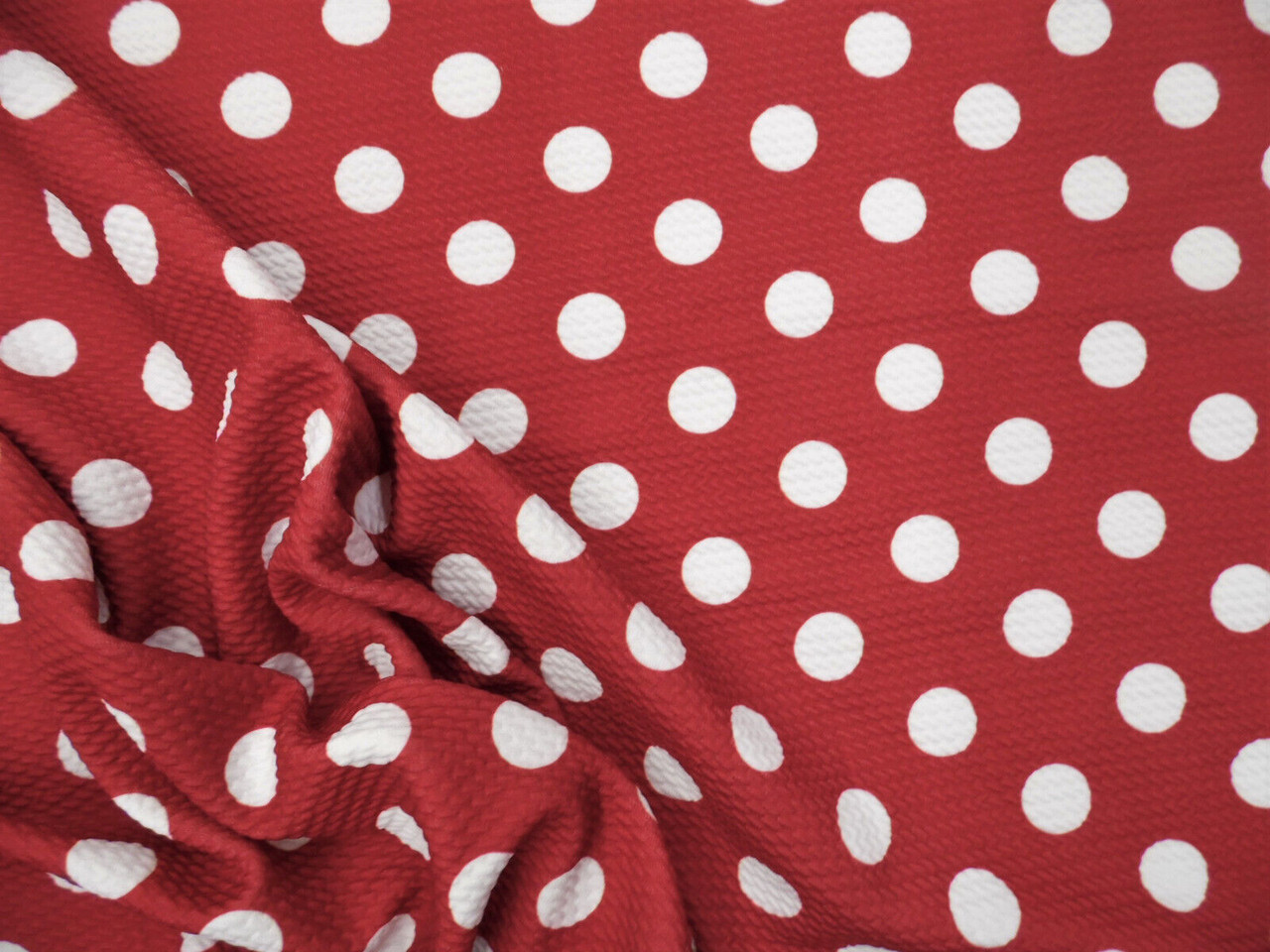 Bullet Printed Liverpool Textured Fabric 4 way Stretch Red White Polka Dot P29