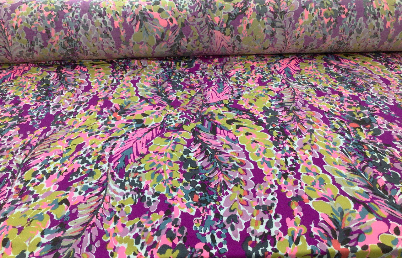 Printed DTY Spandex Stretch Apparel Fabric Purple Neon Pink Abstract Floral I223