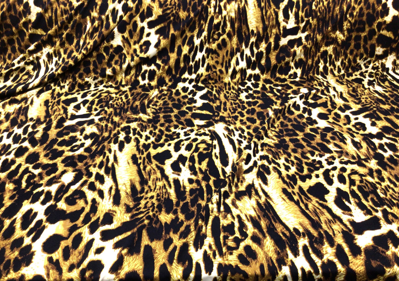 Printed DTY Spandex Stretch Apparel Fabric Golden Brown Black Cheetah I330