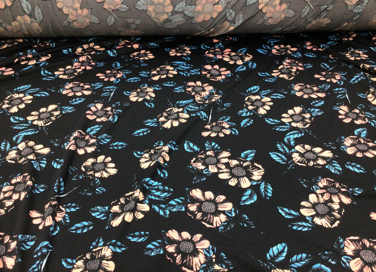 Printed DTY Spandex Stretch Apparel Fabric Pink Blue Black Floral I314