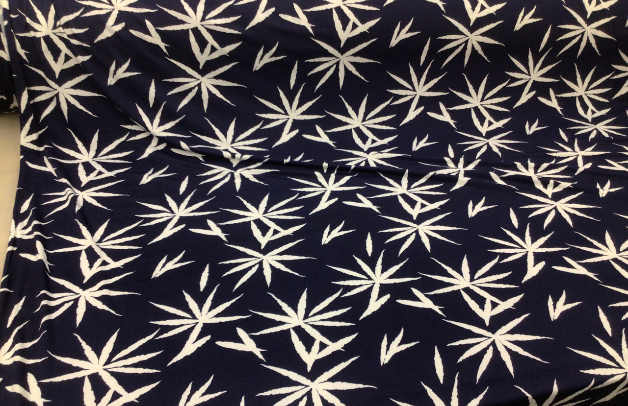 Printed DTY Spandex Stretch Apparel Fabric Navy White Tropical Leaves I311