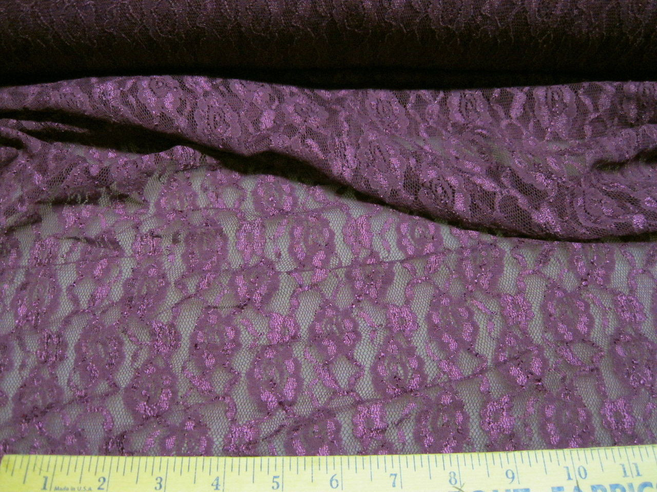 Discount Fabric Stretch Metallic sheen Lace  Purple  Floral 70' in  LC310