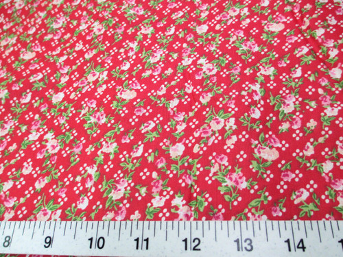 Discount Fabric Quilting Cotton Pink, Peach and Green Floral on Red K407