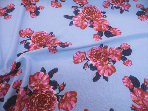 Fabric Printed Liverpool Textured 4 way Stretch Pink Navy Sky Blue Floral H402