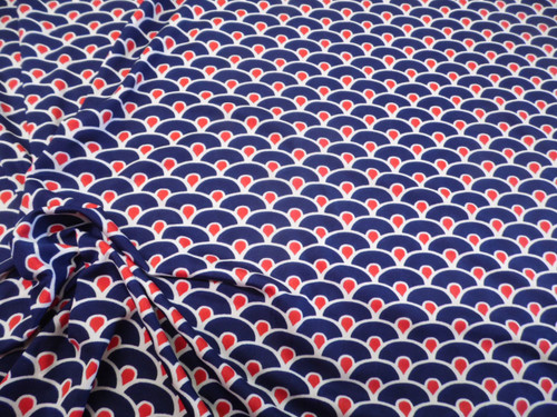 Discount Fabric Printed Spandex 4 way Stretch Navy Red White Wavy Scales B207