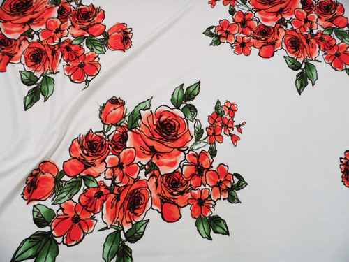 Printed Liverpool Textured 4 way Fabric Stretch Red Pink Green Large Rose Floral I401