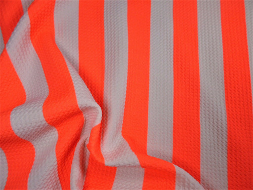 Bullet Printed Liverpool Textured Fabric Stretch Neon Coral White 1 inch Stripe P11