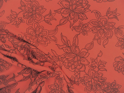 Printed Liverpool Textured Fabric 4 way Stretch Coral Pink Black Floral O25