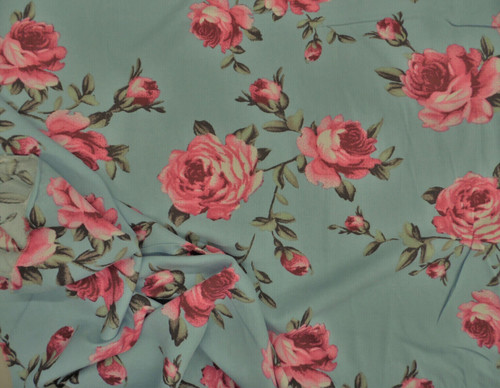 Challis Rayon Apparel Fabric Slate Blue Mauve Pink Green Rose Floral F403