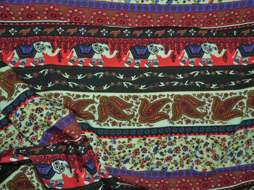 Challis Rayon Apparel Fabric Tribal Elephant Paisley Floral Red Brown Black F402