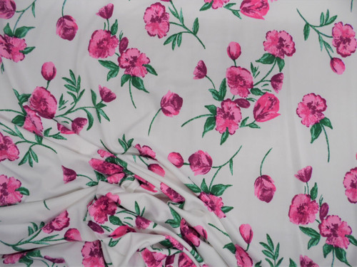 Printed DTY Spandex Stretch Apparel Fabric Pink Green White Rose Floral B407