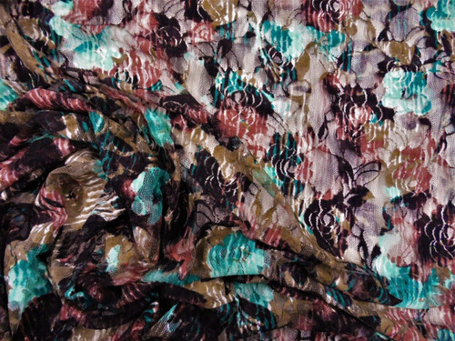 Printed Stretch Lace Apparel Fabric Sheer Floral Black Teal Turquoise Brown BB17