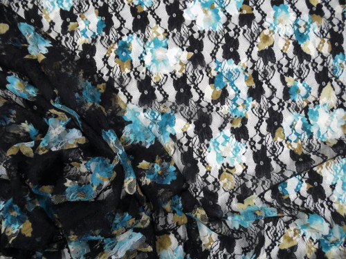 Printed Stretch Lace Apparel Fabric Sheer Floral Black Teal Tan White AA174
