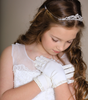 Girl's White or Ivory Matte Satin Beaded Gloves