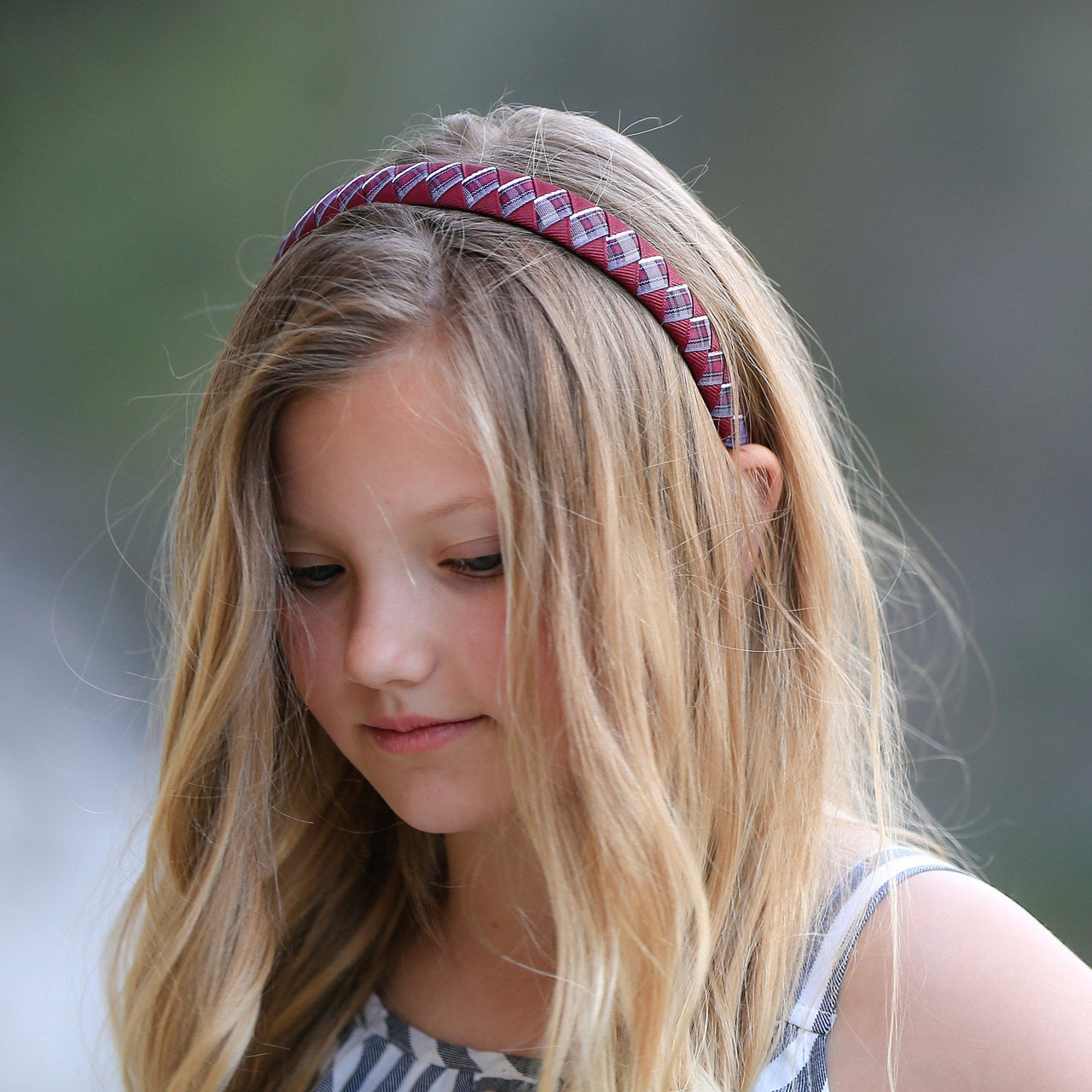 Burgundy & Gray Plaid Diamond Woven Headband - School Uniform Headband, Burgundy and Gray Plaid, Woven Headband