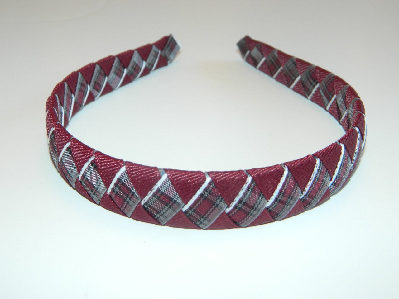 Burgundy & Gray Plaid Diamond Woven Headband - School Uniform Headband, Burgundy and Gray Plaid, Woven Headband