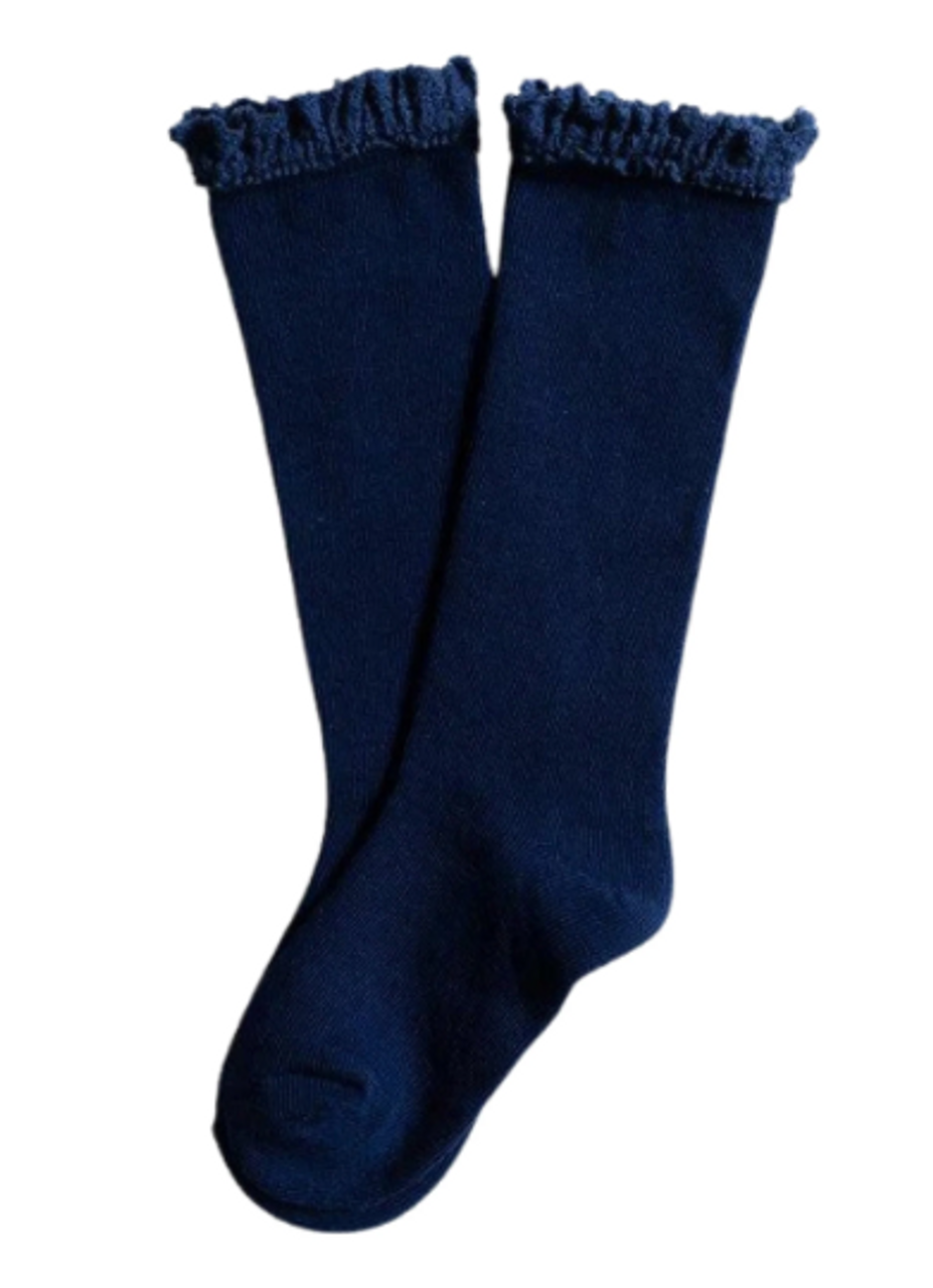 Navy Lace Top Knee High Socks