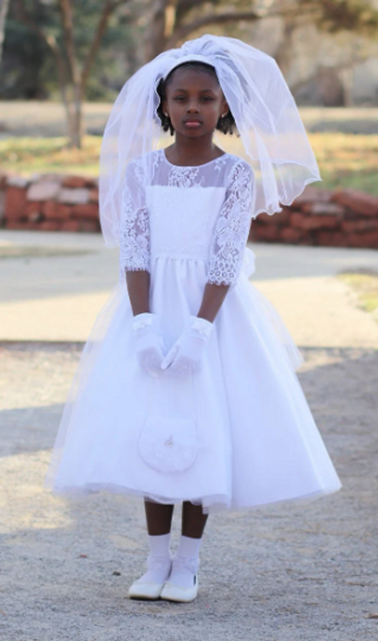 Girl's White Beaded Satin Bow Gloves