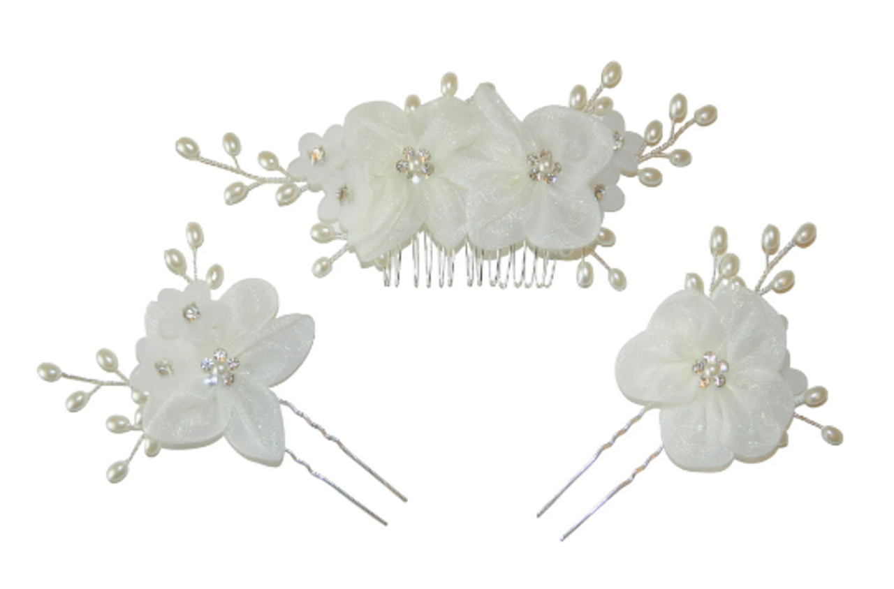 Light Ivory Organza Floral hair Comb Set