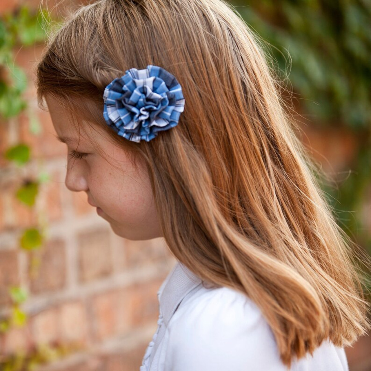 Navy, Lt Blue & White Plaid Rosette Hair Clip