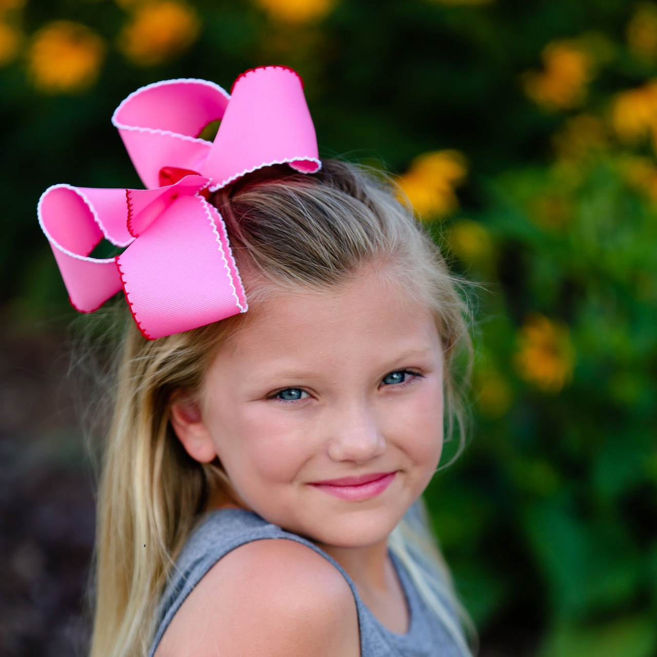 Hot Pink Valentine XL Moonstitch Hair Bow - Moonstitch Hair Bows, Valentine Hair Bow, Valentine&#39;s Day Hair Bows, XL Valentine&#39;s Day Hair Bow