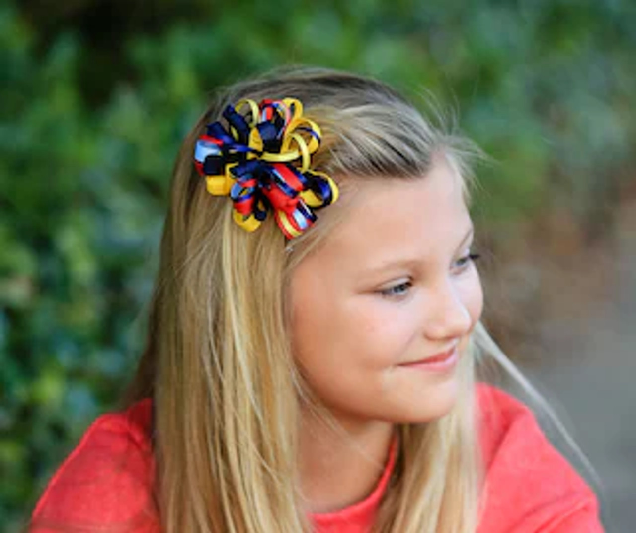 Navy, Lt Blue, Yellow & Red Loopy Hair Bow