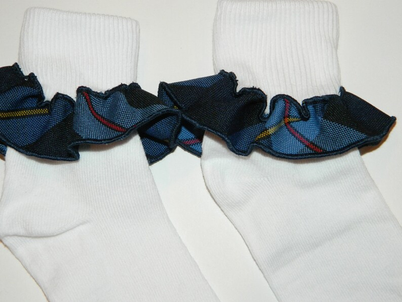 Navy, Red & Yellow Plaid Ruffle White Ankle Socks