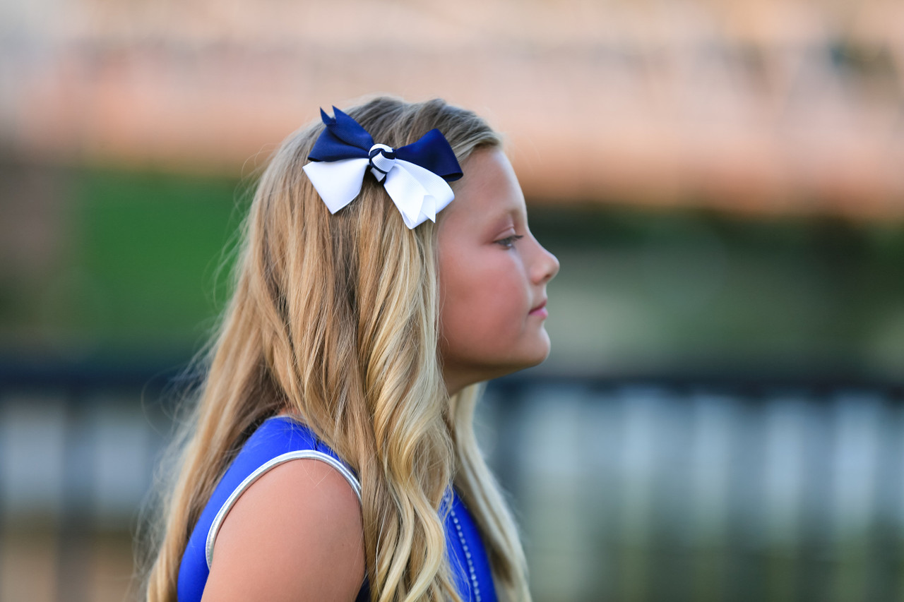 Navy & White Split Pinwheel Hair Bow - School Uniform Hair Bows, Navy and White Plaid Uniform Hair Bow, Navy Blue Hair Bow, Navy Hair Bows