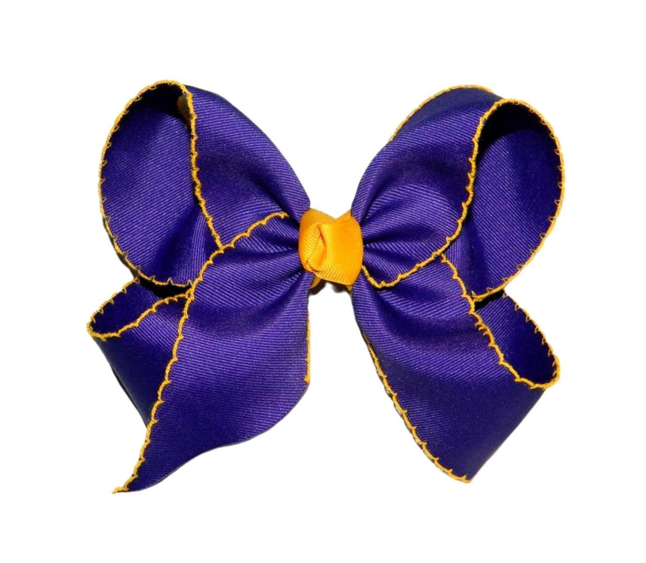 Purple & Yellow Gold XL Moonstitch Hair Bow - School Uniform Hair Bows, Uniform Hair Bows, Purple Gold Hair Bow, Moonstitch Hair Bows