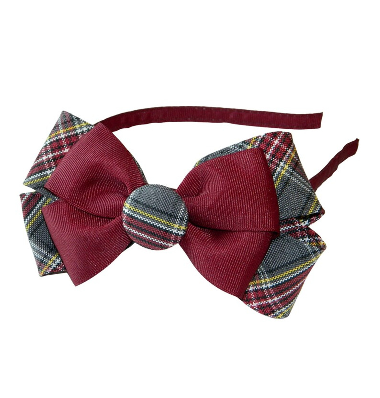 Burgundy, Gray & Yellow Plaid Double Bow Headband