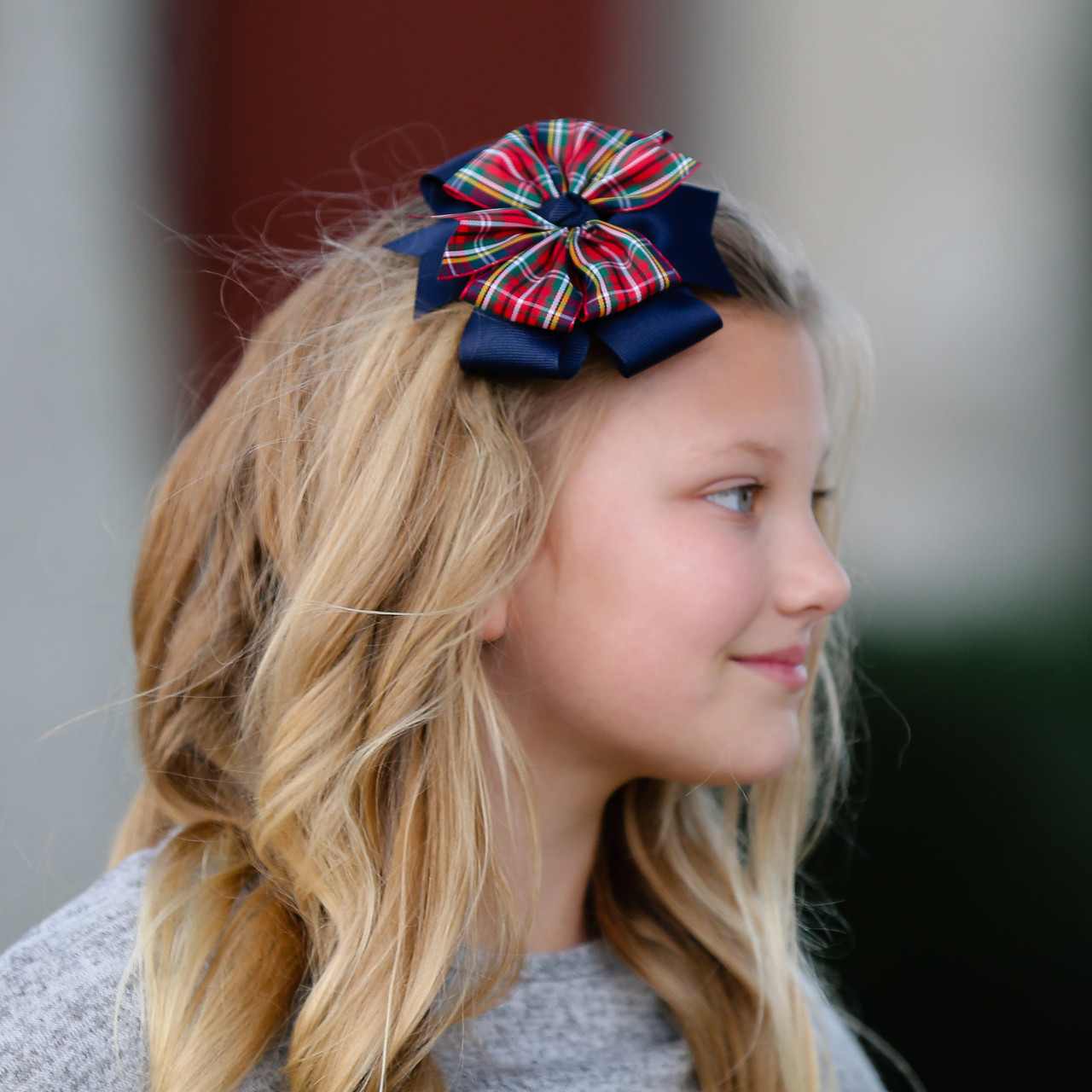 Navy & Red Plaid Large Double Pinwheel Hair Bow - School Uniform Hair Bows, Navy and Red Plaid Hair Bows, Plaid Hair Bows, Navy Hair Bows