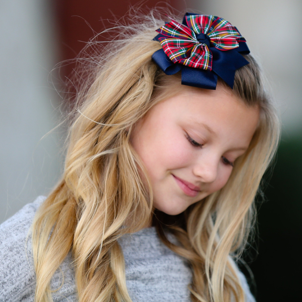 Navy, Red & Yellow Plaid Double Pinwheel Hair Bow