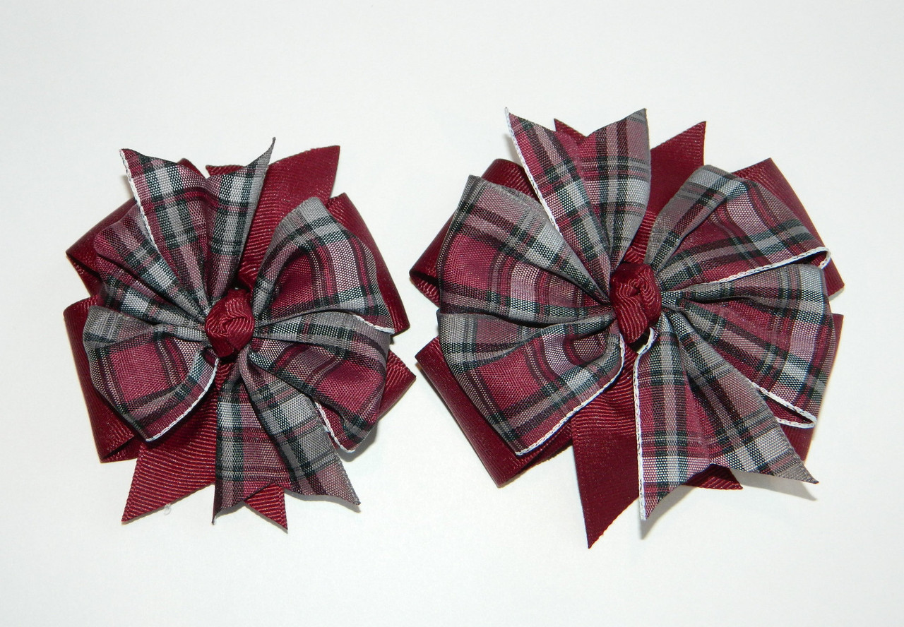 Burgundy & Gray Plaid Double Pinwheel Hair Bow - School Uniform Hair Bows, Burgundy and Gray Plaid Hair Bow, Plaid Hair Bow, School Plaid 91