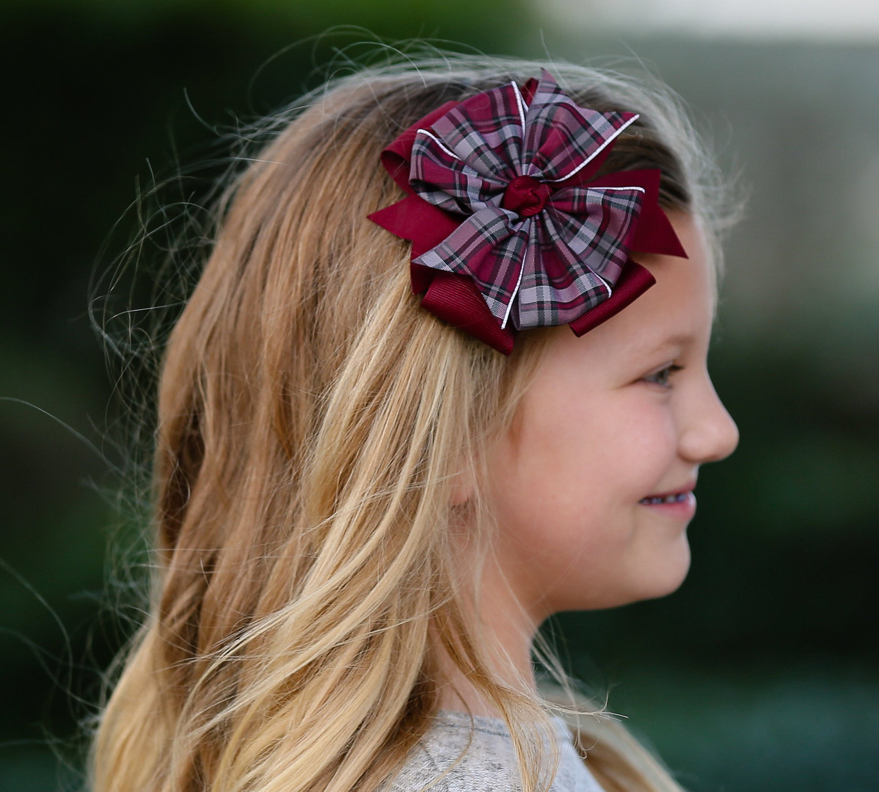 Burgundy & Gray Plaid Double Pinwheel Hair Bow - School Uniform Hair Bows, Burgundy and Gray Plaid Hair Bow, Plaid Hair Bow, School Plaid 91